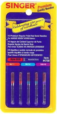 Singer 2020 Premium Regular Point Red B, Needles for Various Weight Woven Fabrics , Asst. Sizes 10 Pack   Brewer order # SS2020-AS Singer # 2020B10AS823R PD60 S2020-AS-10